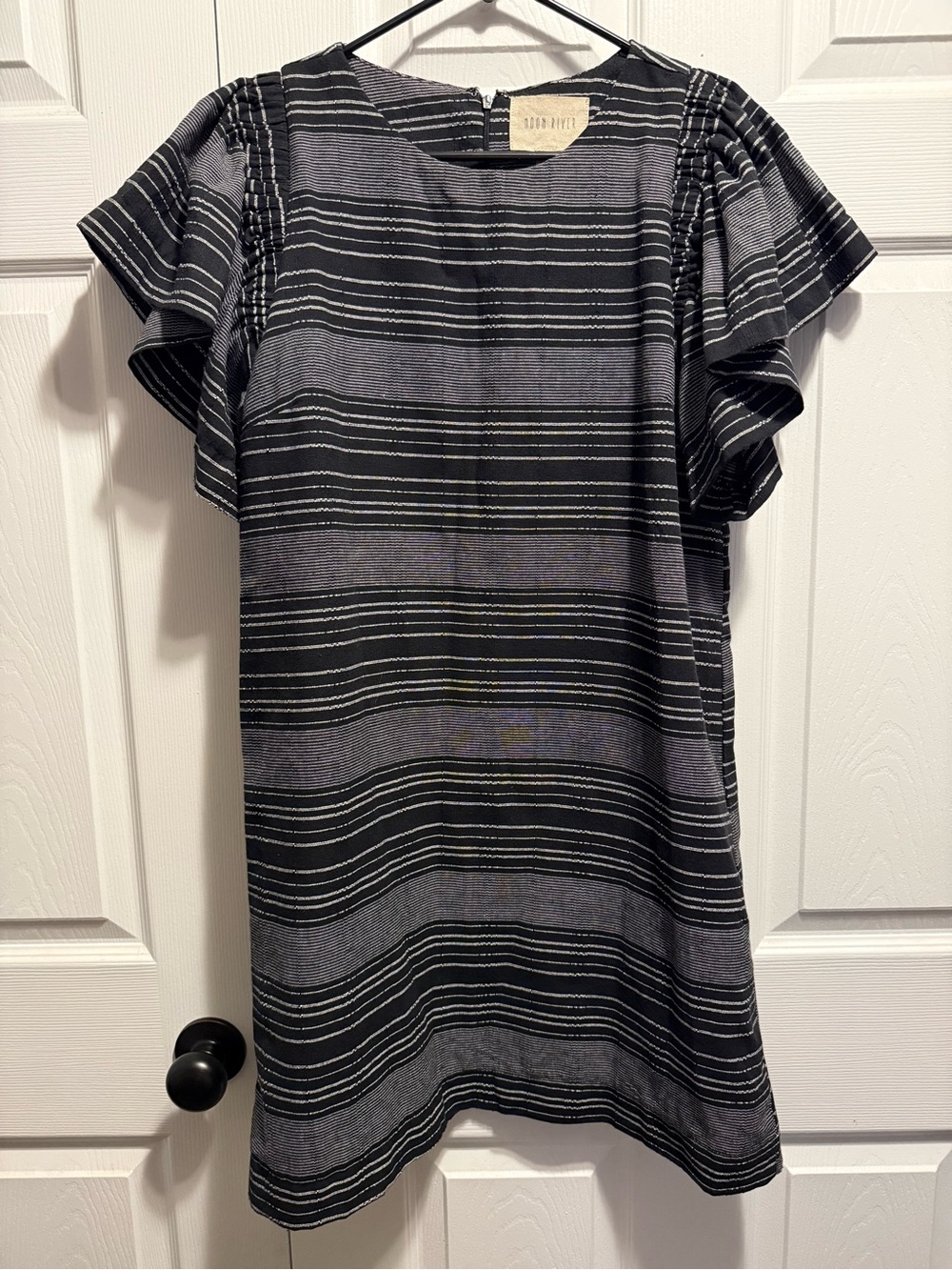 Moon River Black and Gray Striped Flutter Sleeve Mini Dress